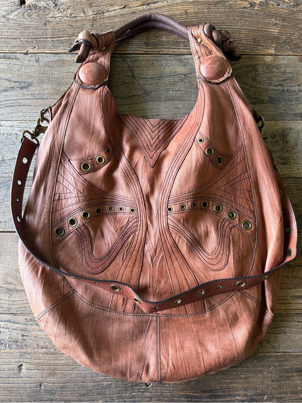 Betsy Johnson Y2K Women's Brown Leather Hobo Bag with Brass Detailing